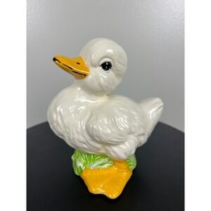 Vintage White Ceramic Duckling Figurine Yellow Beak Glossy 5 Inch Cottagecore